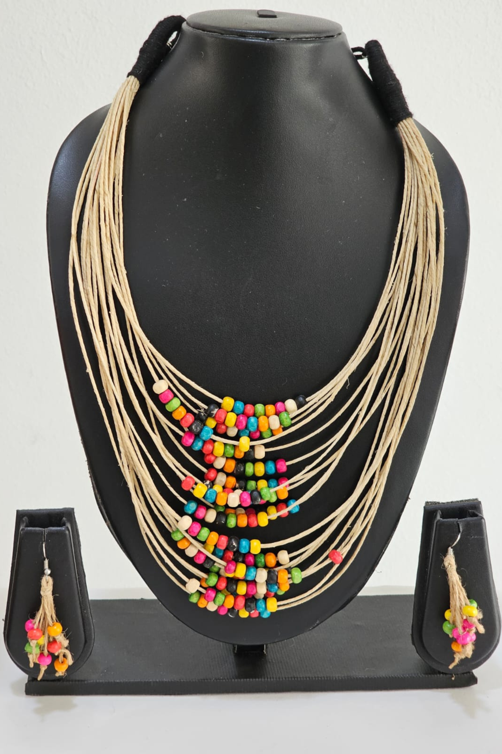 BohoBloom Multi-Layer Jute & Multicolor Wooden Bead Necklace Set