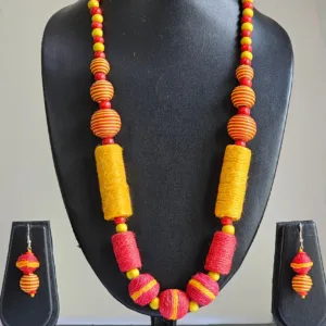 Sunburst Symphony: Handcrafted Red & Yellow Jute Necklace Set